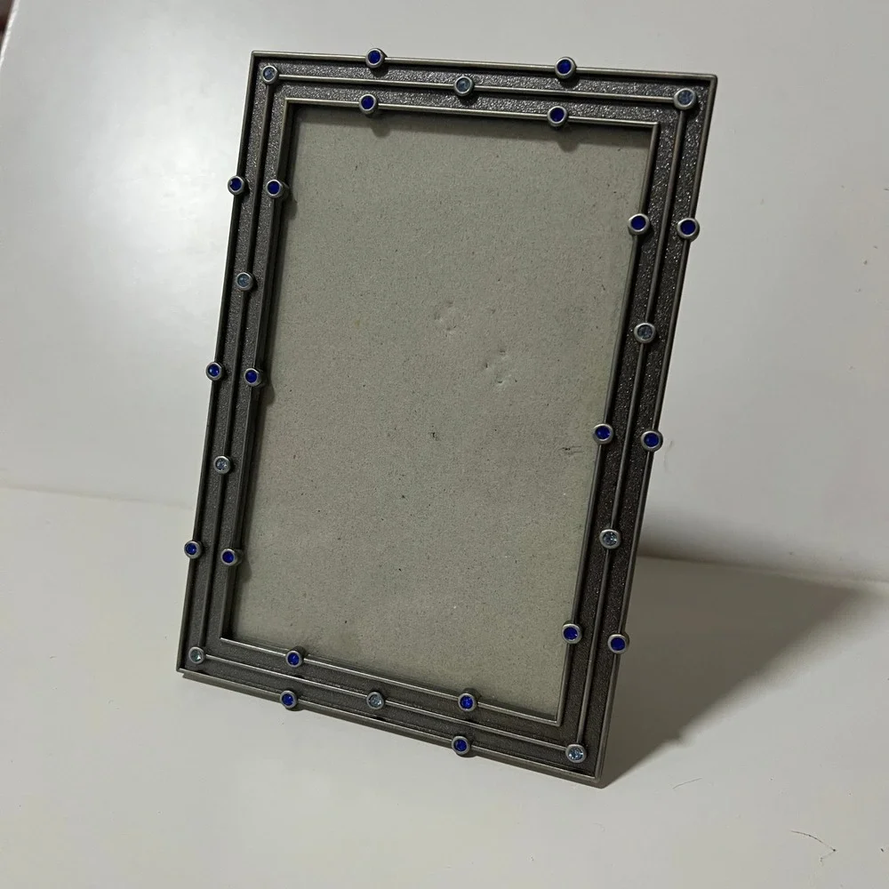 Elsa L Inc Pewter Bejeweled Picture Frame Blue Crystals Textured Metal 4x6